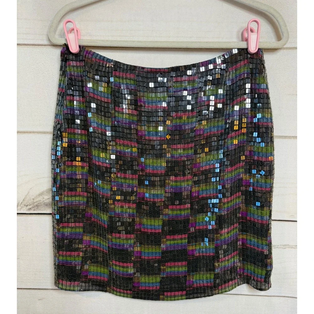 Identity Lord & Taylor Women 8 Silk Sequin Mini‎ Skirt Multi Color Stripe Party